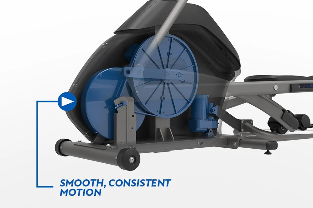 Horizon 7.0 AE elliptical machine with blue flywheel, gray frame, and black foot pedals on white background