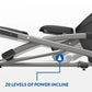 Horizon 7.0 AE elliptical machine with gray frame and black footpads, side view showing 20 levels of power incline adjustment