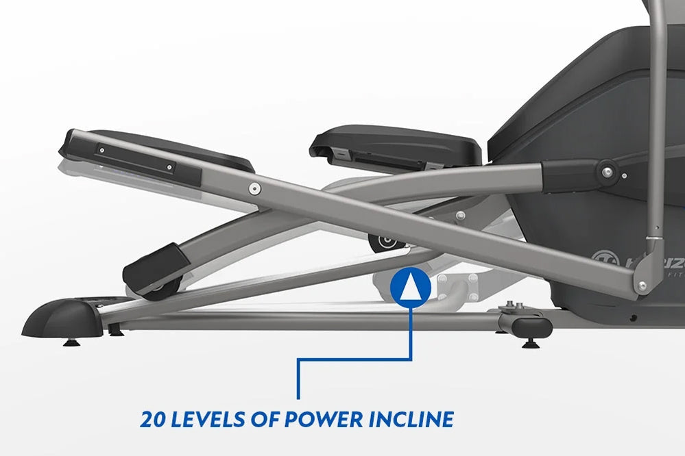 Horizon 7.0 AE elliptical machine with gray frame and black footpads, side view showing 20 levels of power incline adjustment