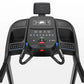 Black treadmill console with digital display, control buttons, dual side panels with blue accents, and black handles on white
