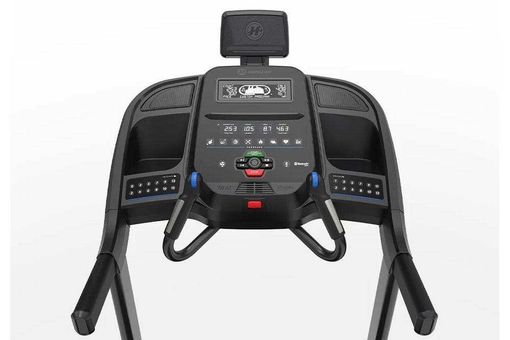 Black treadmill console with digital display, control buttons, dual side panels with blue accents, and black handles on white