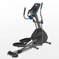 Black and gray elliptical machine with blue accents, digital console display, and dual handlebar arms on white background