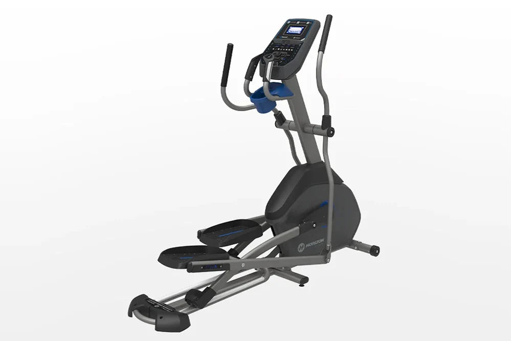 Black and gray elliptical machine with blue accents, digital console display, and dual handlebar arms on white background