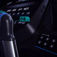 Black and blue wireless headphones on treadmill console displaying 08 MPH speed readout