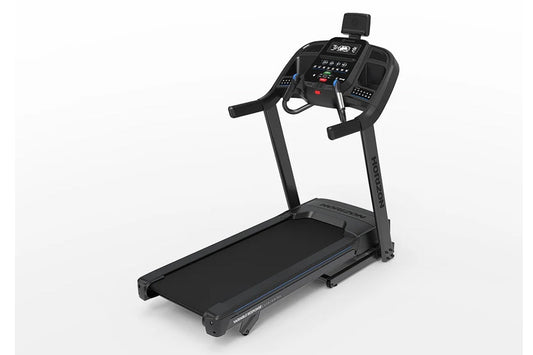 Black motorized treadmill with digital display console, handrails, and cushioned running belt on white background