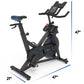 Black and blue stationary exercise bike with digital console, blue accent seat, and handlebar display, shown with dimensions 