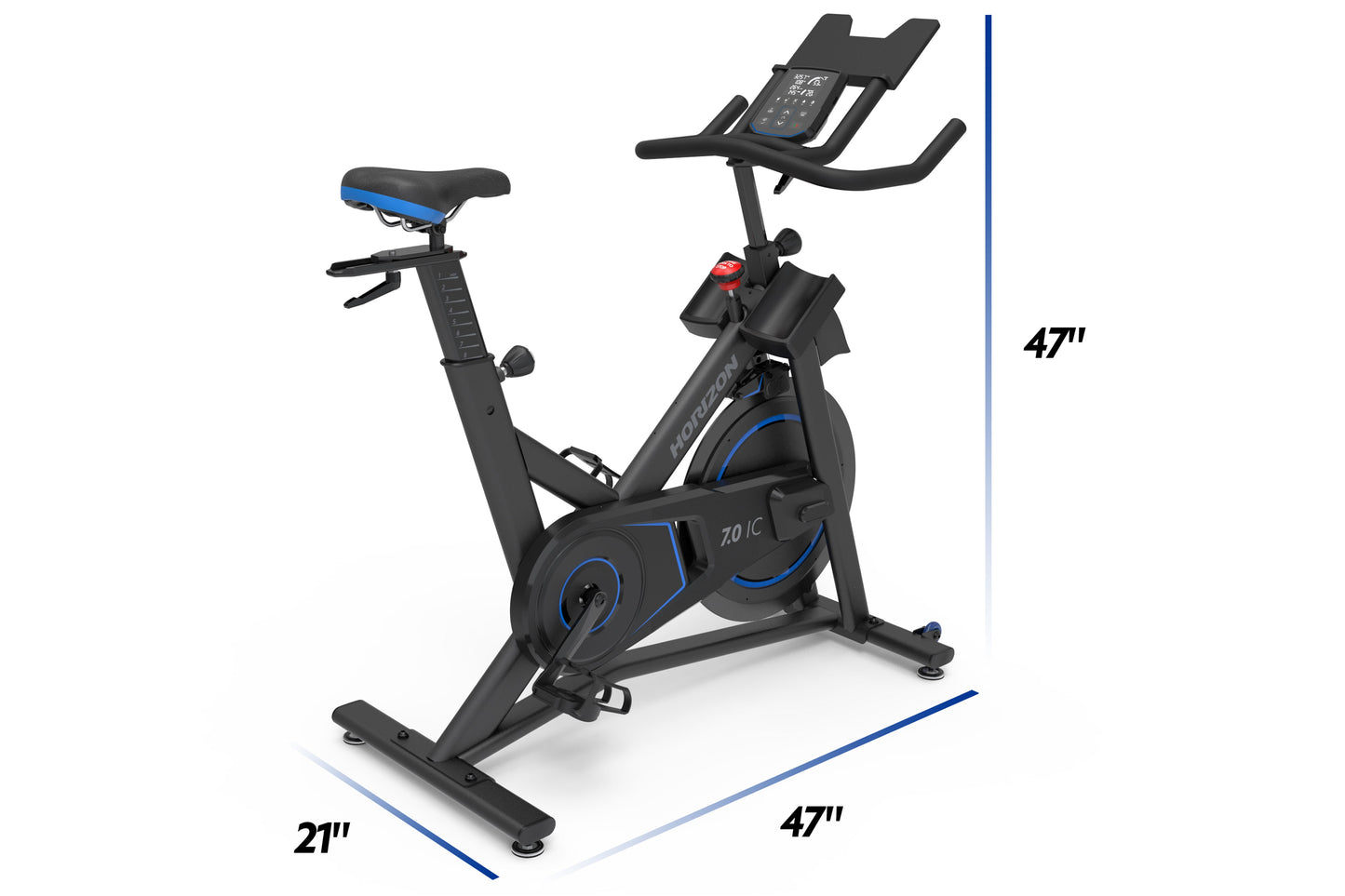 Black and blue stationary exercise bike with digital console, blue accent seat, and handlebar display, shown with dimensions 