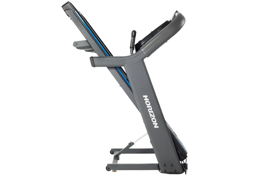 Horizon 7.4 AT treadmill with gray frame, blue accent stripe, and dual handlebar design on white background