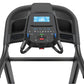 Black treadmill console with blue LCD display showing workout data, dual handle grips, and control buttons on white backgroun