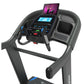 Black and gray treadmill with blue accents, dual screens showing workout display and tablet holder, isolated on white backgro
