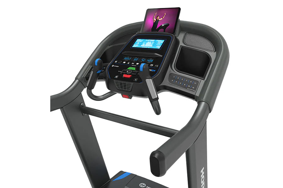 Black and gray treadmill with blue accents, dual screens showing workout display and tablet holder, isolated on white backgro