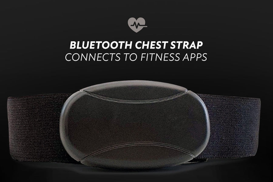 Bluetooth chest strap with black fabric band and gray sensor pod, connects to fitness apps