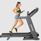 Woman running on Horizon treadmill with gray frame, black running deck, and blue accent stripe, treadmill shown in profile vi