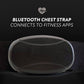 Black Bluetooth chest strap with heart rate monitor icon, connects to fitness apps, on black background