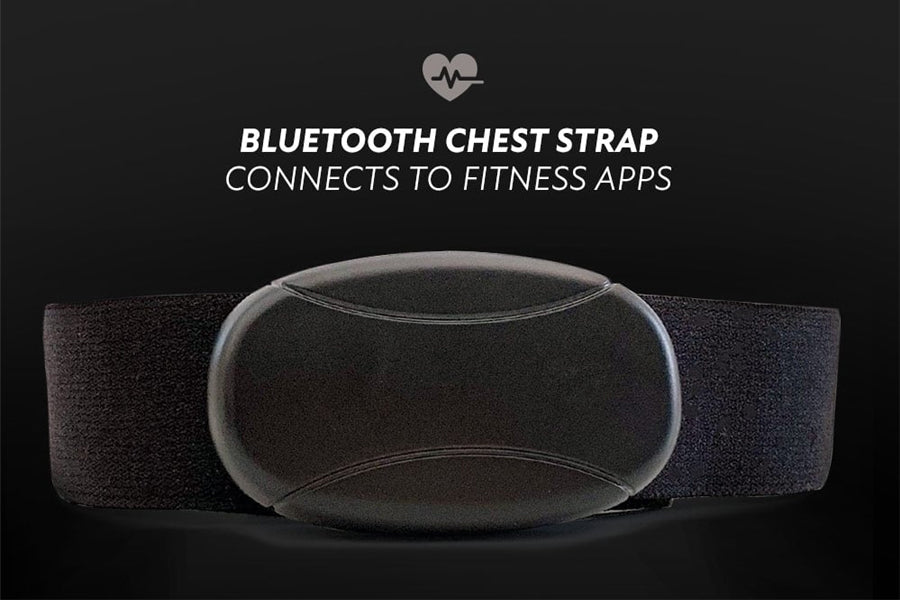 Black Bluetooth chest strap with heart rate monitor icon, connects to fitness apps, on black background