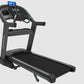 Black motorized treadmill with blue touchscreen display, digital console, and cushioned running deck on white background