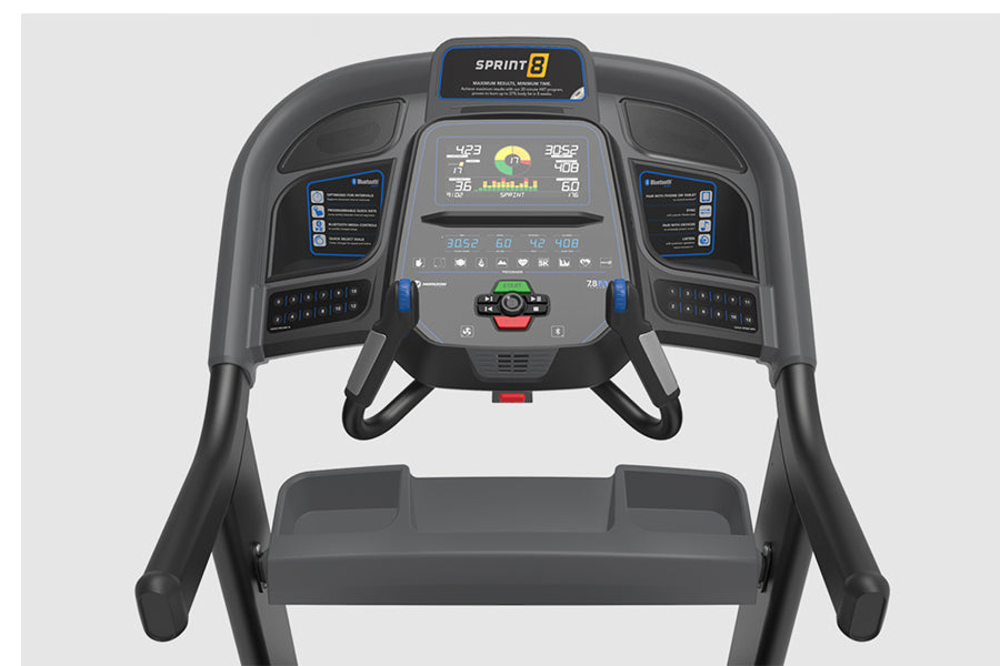 Sprint 8 treadmill console with digital display, black frame, and dual handles on white background