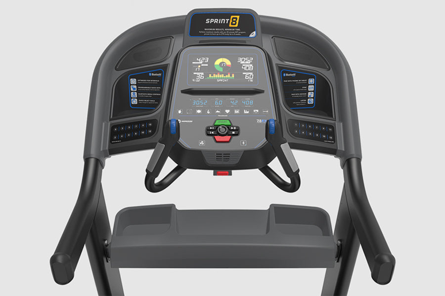 Horizon Sprint 8 treadmill console with digital display, blue accents, dual side panels, and black foot pedals on white backg