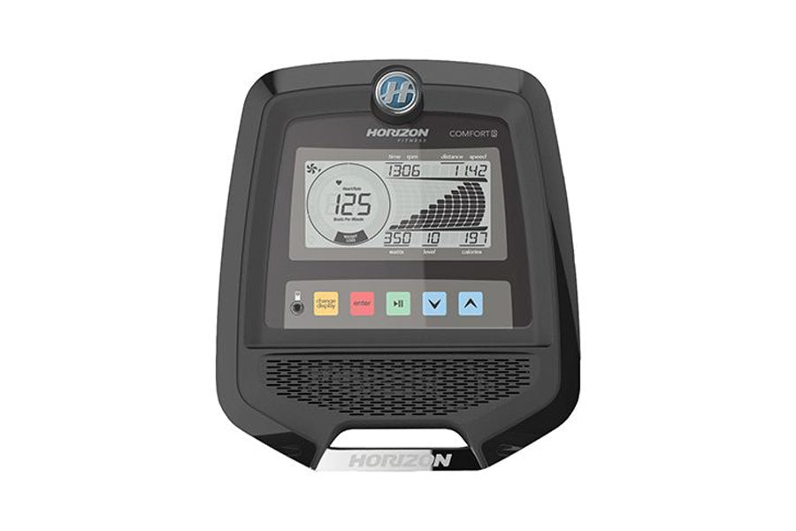 Horizon Comfort R recumbent exercise bike console with digital display showing metrics, colorful control buttons, and speaker