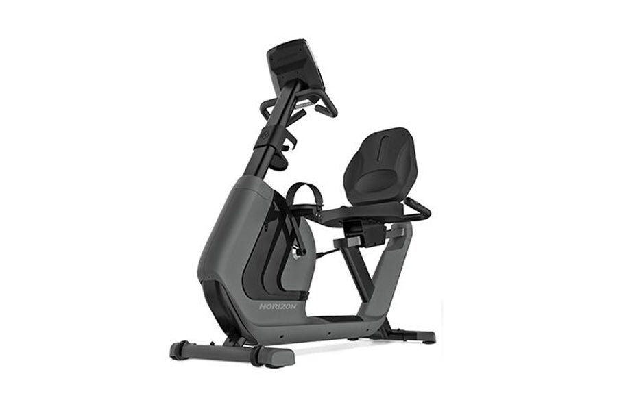 Horizon Comfort R recumbent exercise bike with gray frame, black seat, and digital display on white background