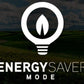 Energy Saver Mode logo with white lightbulb and flame icon on scenic landscape background