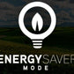Energy Saver Mode logo with lightbulb icon and flame symbol on landscape background