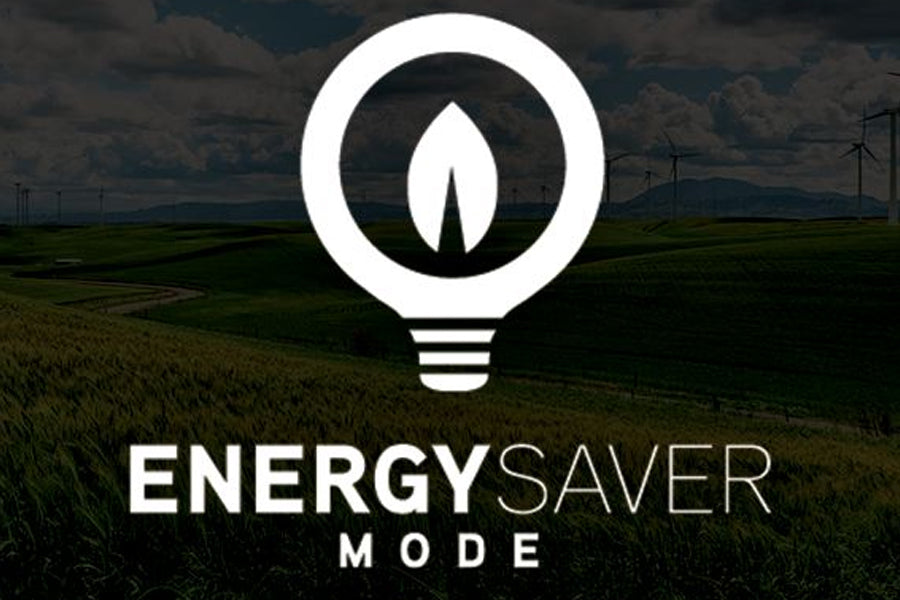 Energy Saver Mode logo with lightbulb icon and flame symbol on landscape background