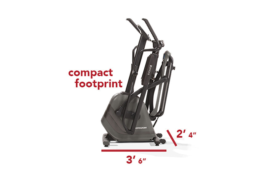Black elliptical machine with compact footprint, dimensions 3'6" width by 2'4" height, shown on white background