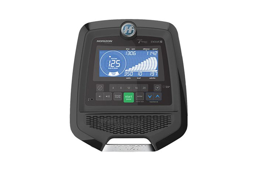 Horizon Evolve 3 elliptical console with blue digital display, numbered resistance buttons, and green start button on dark gr