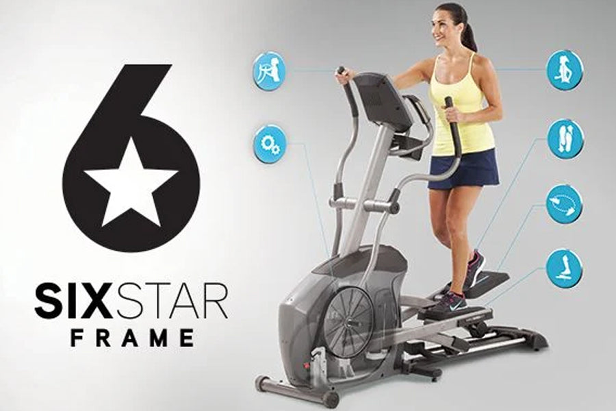 Woman in yellow tank top and navy shorts using gray and black elliptical machine with Six Star Frame logo and benefit icons o
