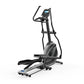 Black and gray elliptical machine with digital display console, foot pedals, and handlebars on white background