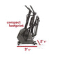 Black elliptical machine with compact footprint, measuring 3'6" wide by 2'4" deep, shown on white background