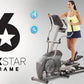 Woman in yellow tank top and navy shorts using gray and black elliptical machine with Six Star Frame logo and fitness benefit