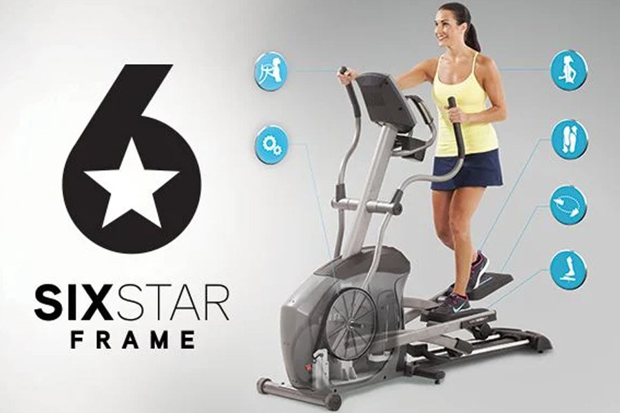 Woman in yellow tank top and navy shorts using gray and black elliptical machine with Six Star Frame logo and fitness benefit