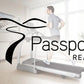 Man in gray shirt running on Horizon Evolve 5 elliptical machine in bright home gym with "Passport Ready" logo overlay