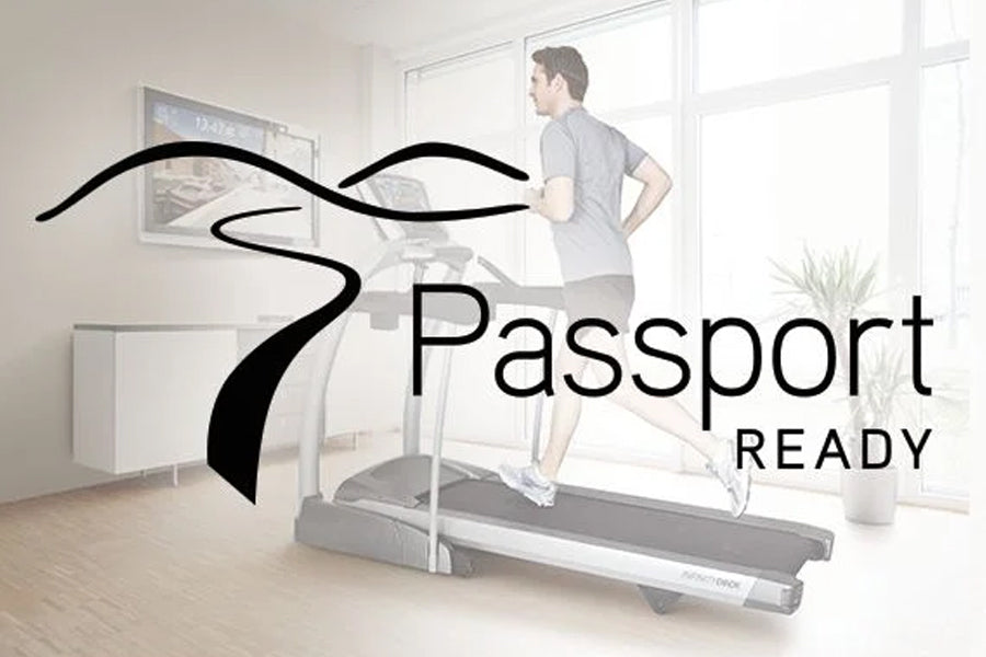 Man in gray shirt running on Horizon Evolve 5 elliptical machine in bright home gym with "Passport Ready" logo overlay