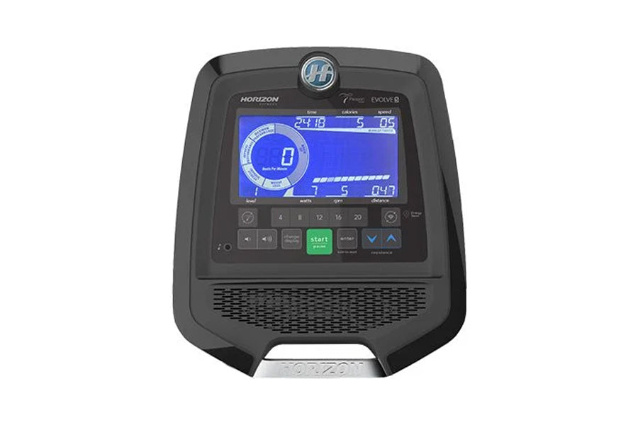 Horizon Evolve 5 elliptical machine console with blue digital display, black frame, and control buttons on white background