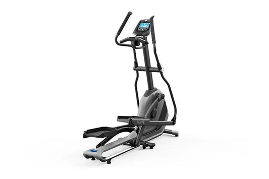 Black and gray elliptical machine with digital display console, moving handlebars, and foot pedals on white background