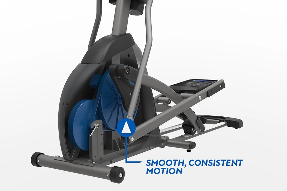 Horizon EX-59 elliptical machine with gray frame, blue flywheel, and digital display console on white background