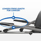 Horizon EX-59 elliptical machine with gray frame, black pedals, and blue accents, showing extended stride length feature on w