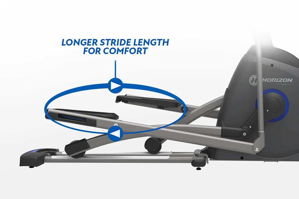 Horizon EX-59 elliptical machine with gray frame, black pedals, and blue accents, showing extended stride length feature on w