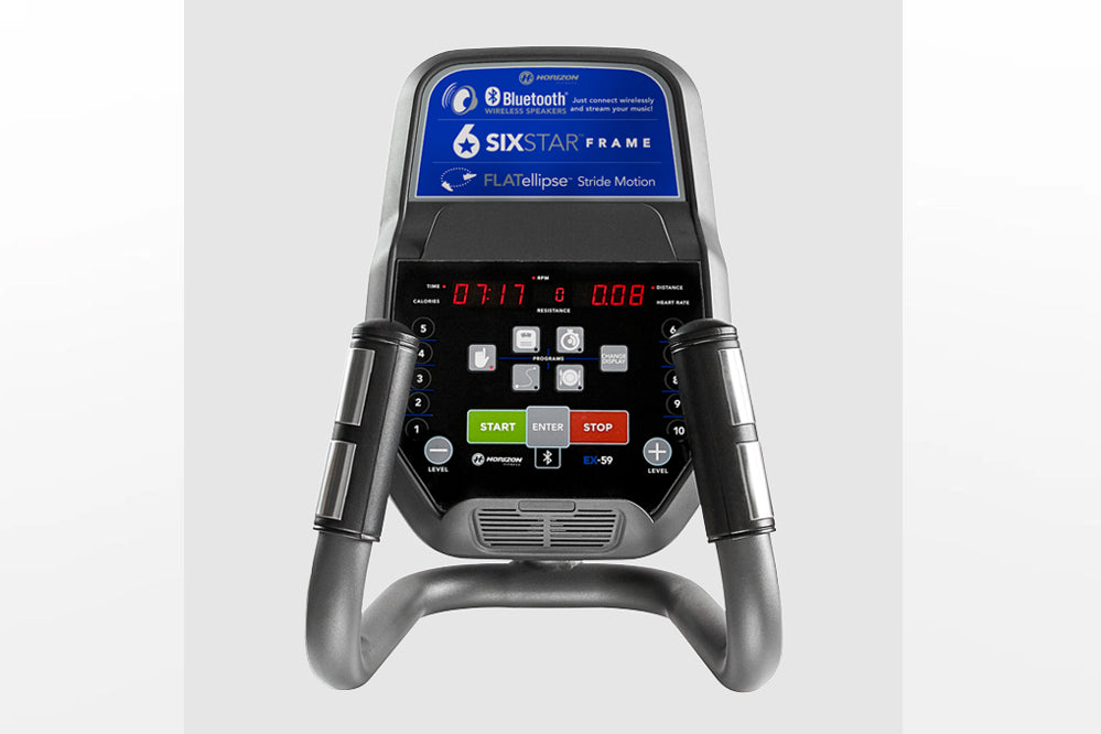 Horizon EX-59 elliptical machine with blue display panel, black controls, green START button, and gray handles on white backg