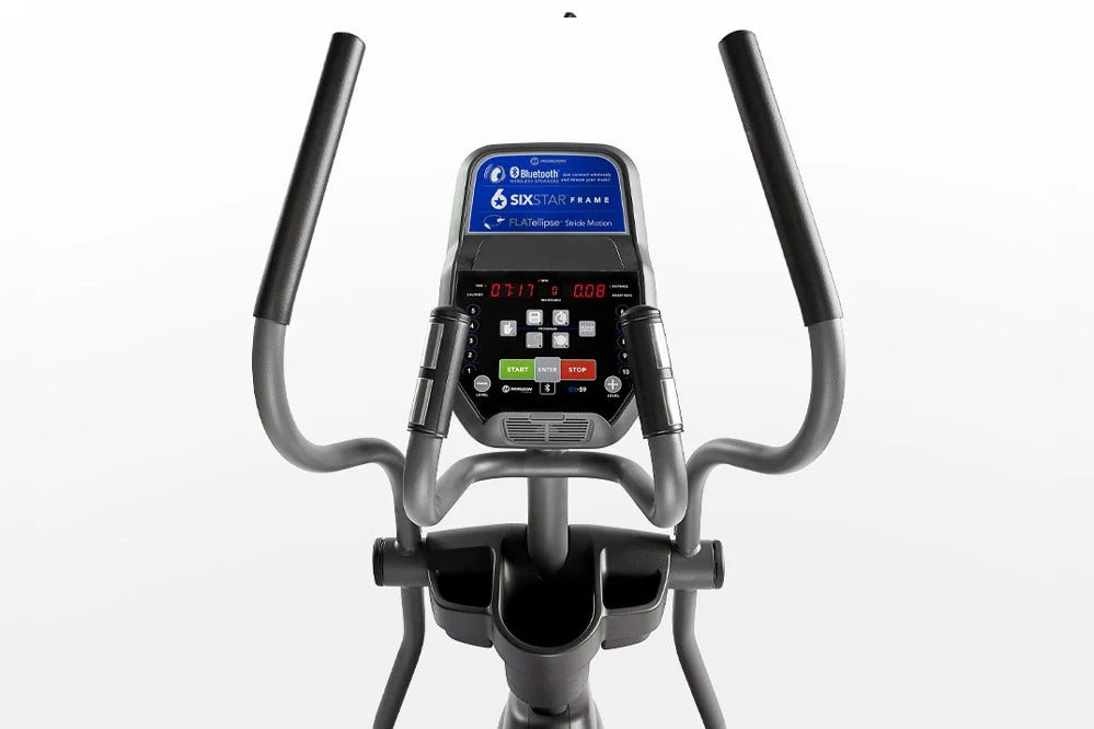 Horizon EX-59 elliptical with gray handles, black frame, and blue digital console display on white background