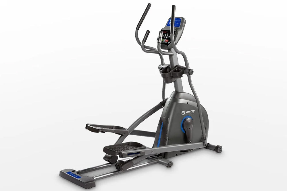 Horizon EX-59 elliptical machine with gray frame, blue accents, digital display console, and dual handlebar grips on white ba