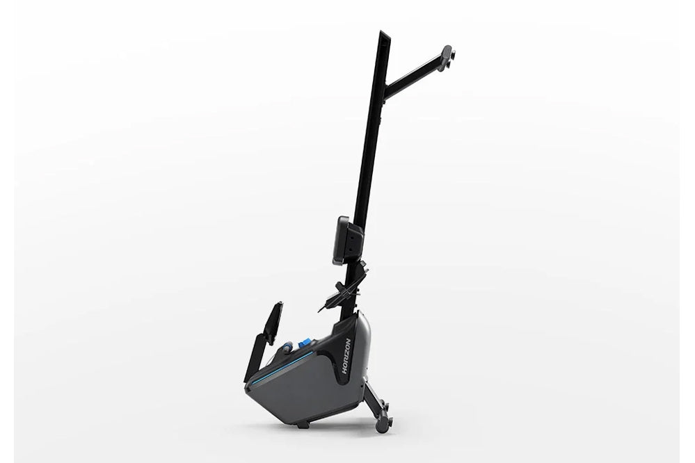 Black and gray Horizon Oxford 3 rowing machine with adjustable seat, handlebars, and vertical monitor arm on white background