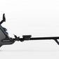 Horizon Oxford 3 rowing machine with gray padded seat, black frame, extended footrest, and blue accent trim on white backgrou