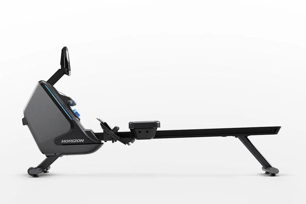 Horizon Oxford 3 rowing machine with gray padded seat, black frame, extended footrest, and blue accent trim on white backgrou