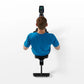 Man wearing blue t-shirt using black Horizon Oxford 3 rowing machine, viewed from behind on white background