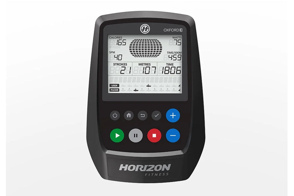 Horizon Oxford 3 rowing machine console displaying workout metrics including calories, watts, strokes, and time on gray backg