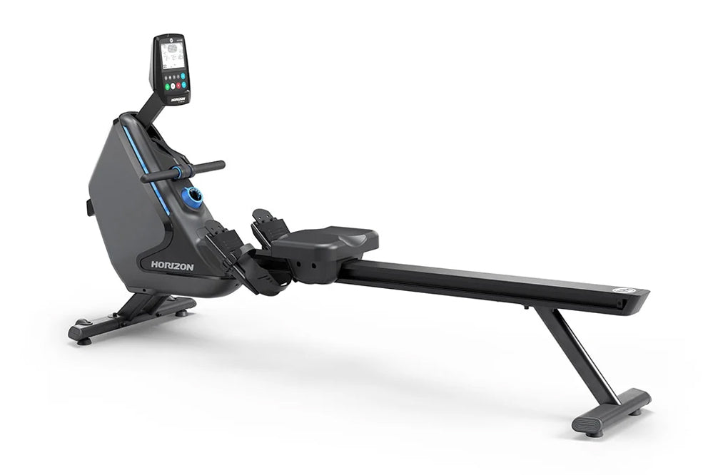 Horizon Oxford 3 black and gray rowing machine with digital console and extended footrest on white background